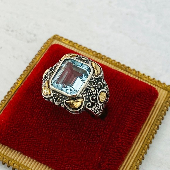 Vintage Sterling Silver 18k Gold Swiss Blue Topaz Statement Ring poss Krementz - Picture 3 of 14